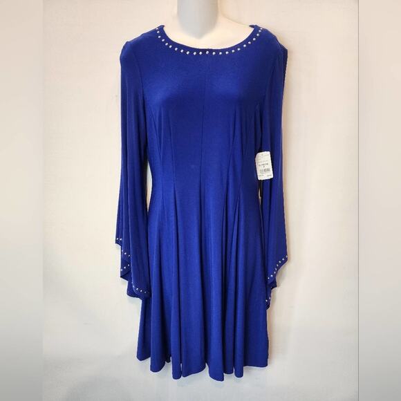 Emma & Michele New Blue Stretch Dress Bell Sleeves Party Dress Size M - Picture 5 of 13